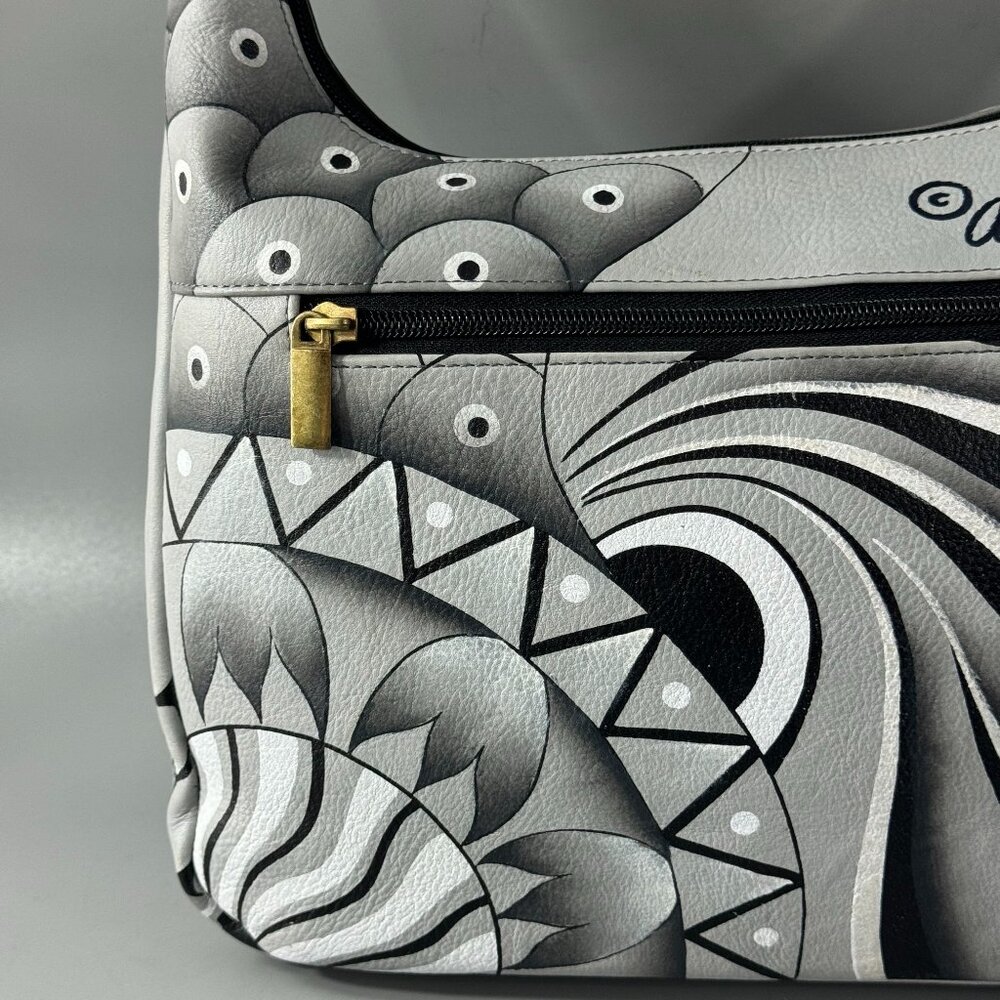 Anna by Anuschka Black/White Floral Leather Hobo Shoulder Bag - Picture 6 of 15
